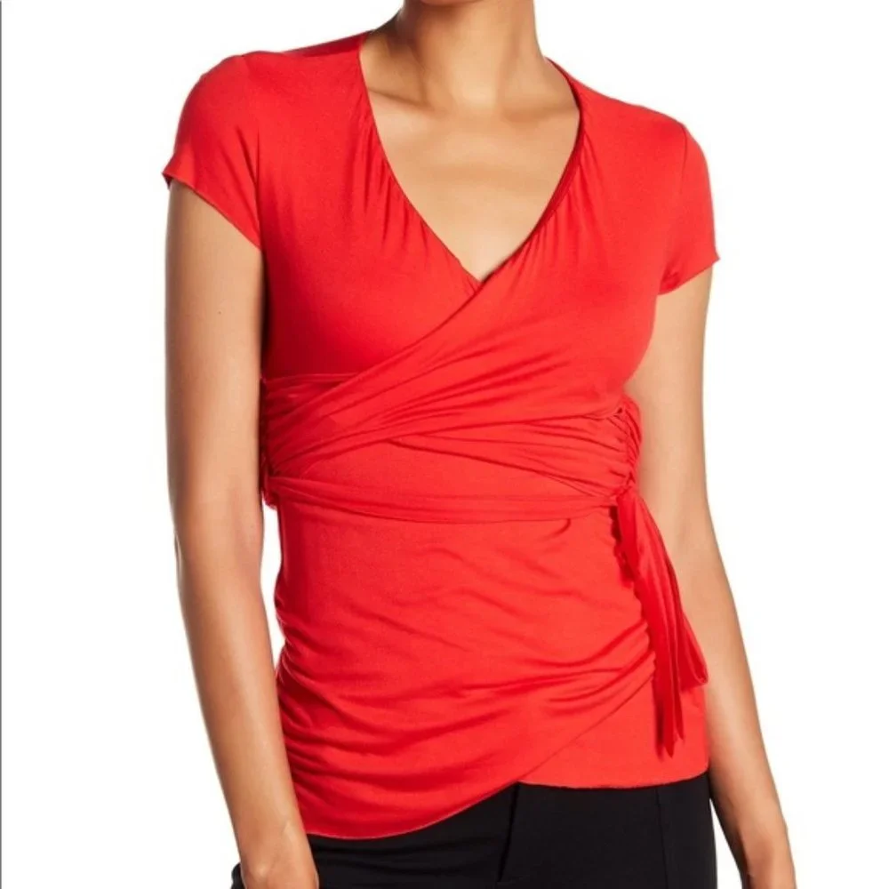 Bailey 44 Belted Mock Wrap Blouse Red S Short Sleeve Tied